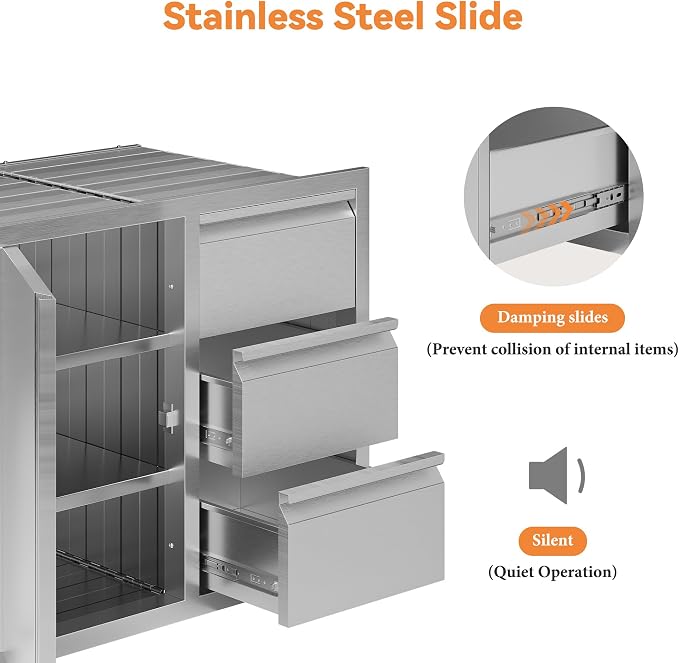 Jocisland 28-Inch Stainless Steel Outdoor Kitchen Drawer Cabinet | 28 W x 20 D x 23 H In, 3-Tier Cabinet and 3-Drawer Combo, Built-In BBQ Island Storage