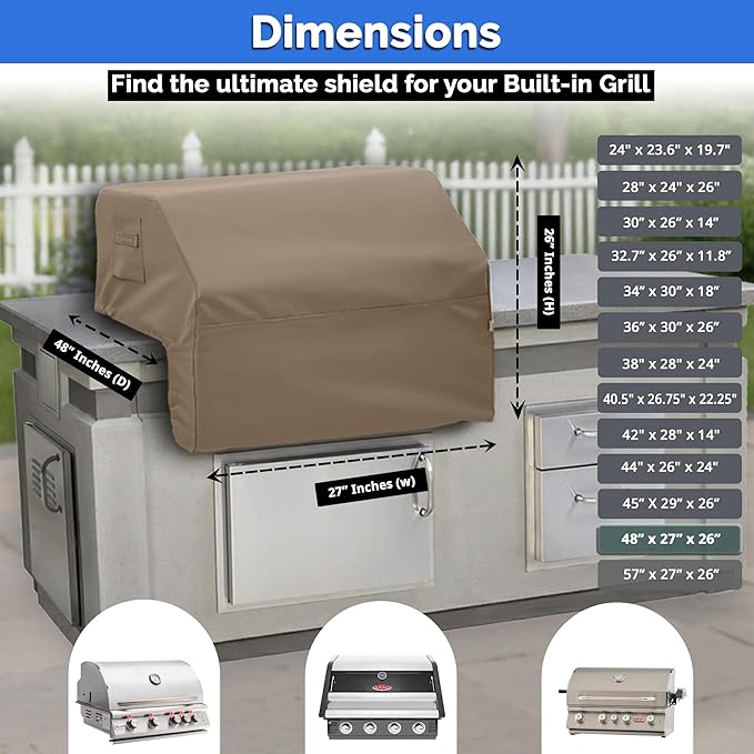 Covers & All Built-in Grill Cover for Outdoor Grill – Heavy Duty 12 oz Waterproof Built-in BBQ Grill Cover, PVC-Coated Polyester with Elastic Hem for Snug Fit (48 x 27 x 26 inches, Beige)