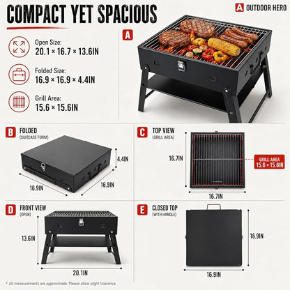 Portable BBQ Charcoal Camping Grill: Tabletop Folding Barbecue Grills | with Stainless Steel BBQ Grilling Tool Set, Fathers Day Birthday Grilling Gift for Men Dad Husband