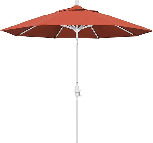 California Umbrella 9' Round Aluminum Market Umbrella, Crank Lift, Collar Tilt, White Pole, Sunset Olefin