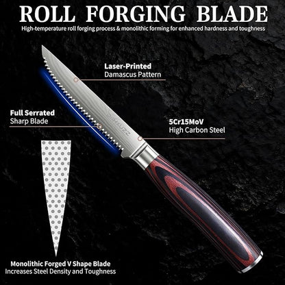 DiiHAUZZ Steak Knives Set of 6, Serrated Steak Knife Set 4.5 Inch, Ultra Sharp Forged High Carbon Stainless Steel Dinner Knife with Ergonomic Pakkawood Handle, Damascus Pattern and Gift Box