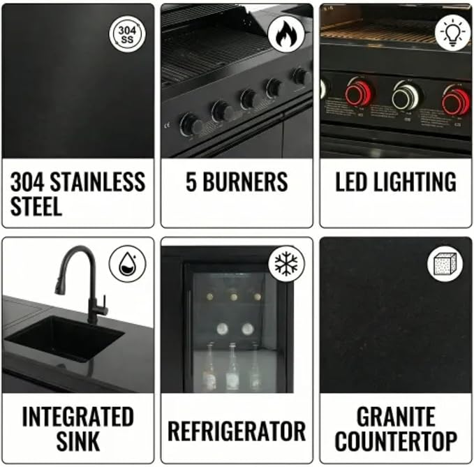 84 Inch Outdoor Kitchen Island, 6 Burner 75300 BTU Deluxe Stainless Steel Gas Grill Bar Island with Stainless steel Sink Wine Cooler Refrigerator, Granite Countertops, Rotisserie kit (Black)