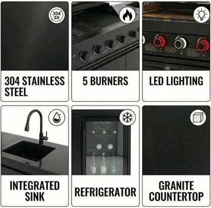 84 Inch Outdoor Kitchen Island, 6 Burner 75300 BTU Deluxe Stainless Steel Gas Grill Bar Island with Stainless steel Sink Wine Cooler Refrigerator, Granite Countertops, Rotisserie kit (Black)