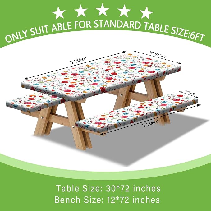 JAWO Picnic Table Cover with Bench Covers, Flowes Boho Floral Camping RV Essentials Gear Supplies Outdoor Waterproof Windproof Tablecloth with Elastic, 96in