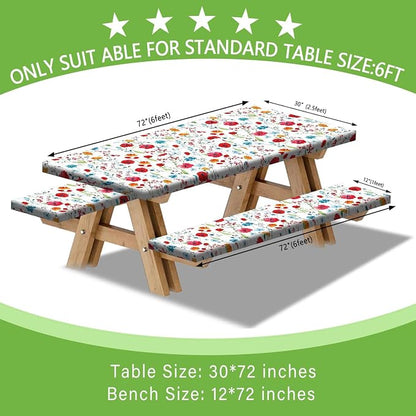 JAWO Picnic Table Cover with Bench Covers, Flowes Boho Floral Camping RV Essentials Gear Supplies Outdoor Waterproof Windproof Tablecloth with Elastic, 96in