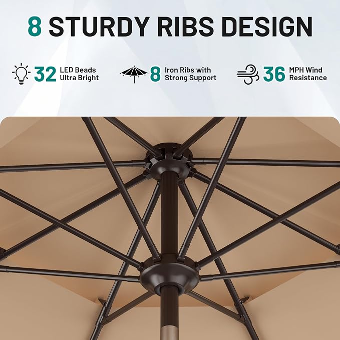 AreShark 9ft 2 Tiers Patio Umbrella with Solar Lights, Outdoor Umbrella w/ 32 LED Lights&8 Sturdy Ribs, Table Umbrella for Deck, Backyard, Pool(Beige)