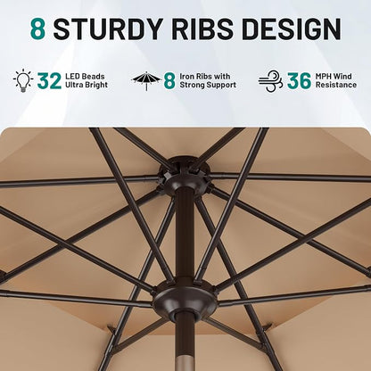 AreShark 9ft 2 Tiers Patio Umbrella with Solar Lights, Outdoor Umbrella w/ 32 LED Lights&8 Sturdy Ribs, Table Umbrella for Deck, Backyard, Pool(Beige)