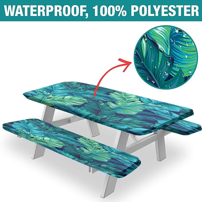 Tropical Palm Leaves Picnic Table Cover with Bench Covers, Hawaiian Green Leaf Waterproof Windproof Camping Rectangle Tablecloths Fitted Picnic Table Cover for Outdoor, Picnic, Camping, 72x28 In
