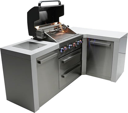 Mont Alpi Premium 82"W x 50"D Deluxe Stainless Steel L-shaped Modular Outdoor Kitchen Island with Infrared Side Burner + 32"W 4-Burner BBQ Gas Grill + Granite Countertops + Storage Cabinets & Drawers