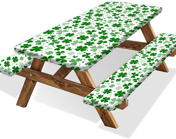 JAWO St Patrick's Day Picnic Table Cover with Bench Covers, Camping Essentials, Shamrock Lucky Outdoor Table Covers, Waterproof, Fitted Tablecloth Cover with Elastic Edge, 3 PCS, 30X72 Inches