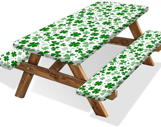 JAWO St Patrick's Day Picnic Table Cover with Bench Covers, Camping Essentials, Shamrock Lucky Outdoor Table Covers, Waterproof, Fitted Tablecloth Cover with Elastic Edge, 3 PCS, 30X72 Inches