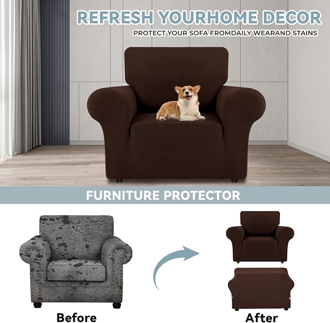 LURKA Stretch Chair Cover for Sofa, 1 Piece Armchair Slipcover, Chocolate | Soft Stretch Jacquard, Fits 31"-55" Armchairs, Elastic Bottom for Secure Fit, Machine Washable, Pet & Kid Friendly