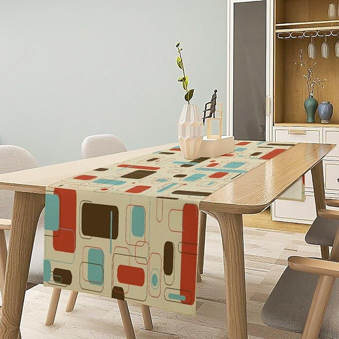 Retro Abstract Geometric Table Runner, Vintage Shapes Mid Century Colorful Boho Style Dinner Runner for Home Kitchen Dining Table Decoration 13"x60"