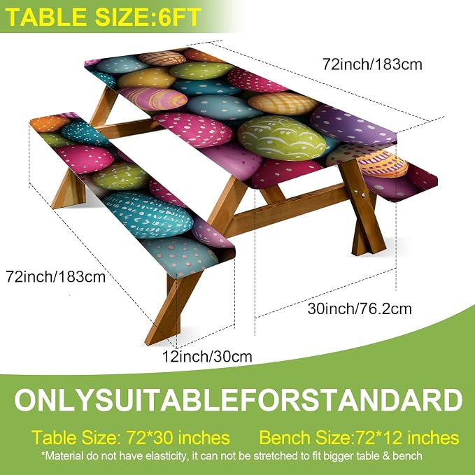 ANNA QUEEN Easter Holiday 6FT Picnic Table Cover with Bench Covers Set of 3 with Drawstring Bag, Colorful Easter Eggs 72"x30" Waterproof Fitted Picnic Tablecloth & Bench Covers for Outdoor Dining