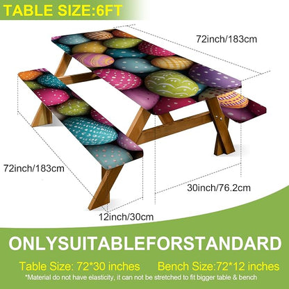ANNA QUEEN Easter Holiday 6FT Picnic Table Cover with Bench Covers Set of 3 with Drawstring Bag, Colorful Easter Eggs 72"x30" Waterproof Fitted Picnic Tablecloth & Bench Covers for Outdoor Dining