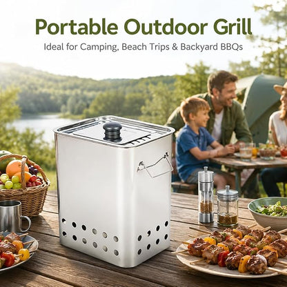Smokeless Barbecue Charcoal Barrel Grill, Stainless Steel Surround Charcoal BBQ Grill Barrel for 26 Skewers, 360° Smokeless Charcoal Hanging Grill for Beaches Travel Camping Grill Picnic Patio