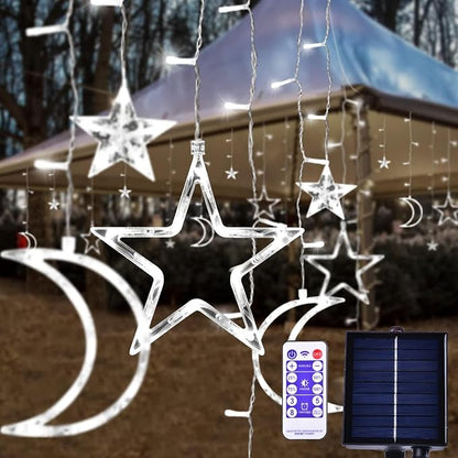 138 LED Ramadan Decorations Lights Solar Moon and Star Lights Outdoor Waterproof Powered Curtain Lights with 8 Modes Ramadan Hanging Decor for Ramadan, Home, Patio (Cold White)