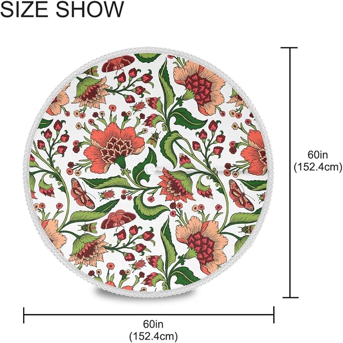 Vintage Red Floral Round Tablecloth 60" Waterproof Spillproof Polyester Fabric Table Cover with Zipper Umbrella Hole for Outdoor Patio Garden Dining Party