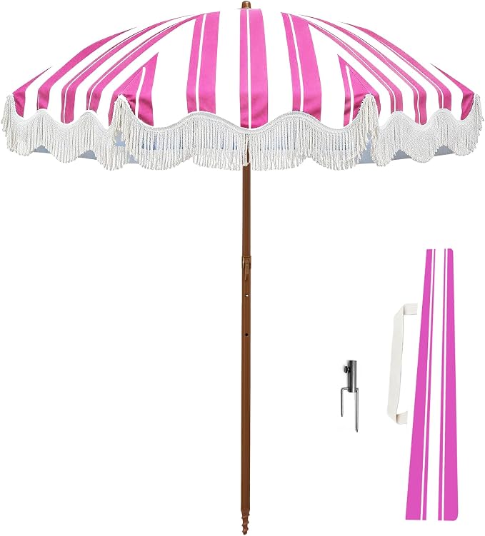 Rayjee 6.5FT Patio Umbrella with Fringe, Boho Outdoor Umbrella | UV Protection| Tilt & Adjustable Height | Brown Steel Pole | Carry Bag & Ground Stake | For Beach Pool Garden Terrace Picnic