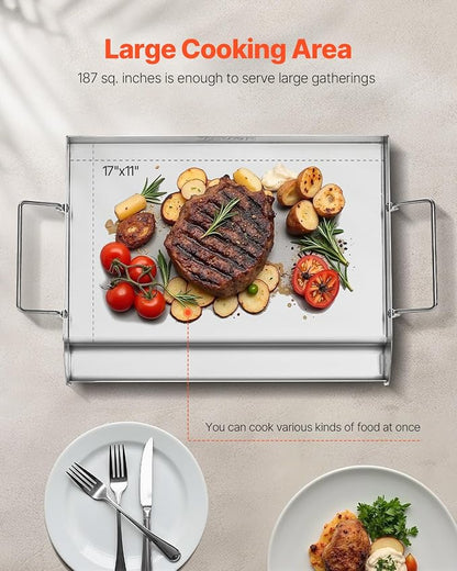 VEVOR Stainless Steel Griddle, 17x13 inch Universal Flat Top Rectangular Plate, Gas Grill Griddle for BBQ Grill, Teppanyaki, Portable Family Cookware with Handle, for Camping Tailgating Party
