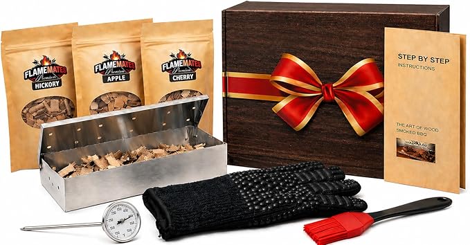 Deluxe BBQ Smoker Kit with Grilling Accessories | Includes Smoker Box, Basting Brush, Meat Thermometer, Heat-Resistant Glove, Instruction Manual, & 3 oz Hickory, Cherry & Apple Wood Chips