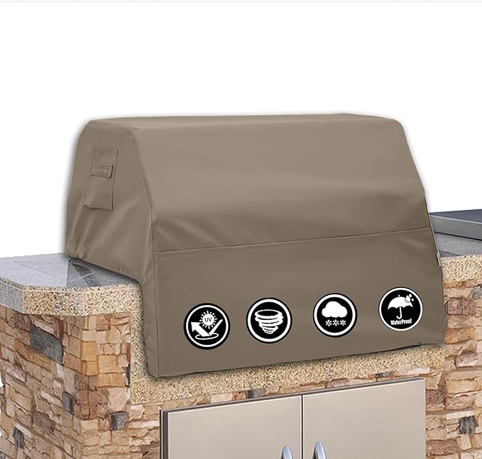 Covers & All Built-in Grill Cover for Outdoor Grill – Heavy Duty 12 oz Waterproof Built-in BBQ Grill Cover, PVC-Coated Polyester with Elastic Hem for Snug Fit (24 x 23.6 x 19.7 inches, Beige)