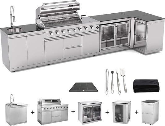 153 Inch Outdoor Kitchen Island, 96000 BTU Propane Gas Grill Combination With Refrigerator and Sink, Drawer Cabinet, Outdoor Stainless Steel Barbecue Bar, BBQ Grill for Patios, Gardens, Parties