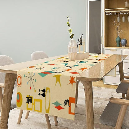 Mid Century Cat Table Runner, Retro Atomic Starburst Vintage Stars 50 60s Abstract Geometric Space Dinner Runner Table Decoration for Home Kitchen Dining 13"x108"