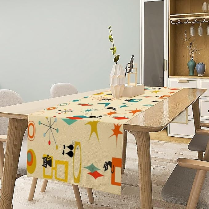 Mid Century Cat Table Runner, Retro Atomic Starburst Vintage Stars 50 60s Abstract Geometric Space Dinner Runner Table Decoration for Home Kitchen Dining 13"x90"