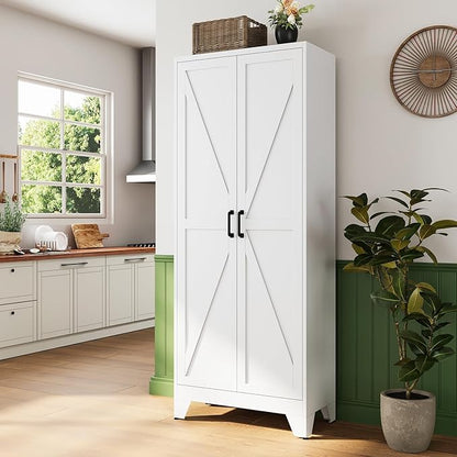 Letaya 75" H Metal Storage Cabinet with 2 Doors and 4 Shelves,Tall Kitchen Pantry Cabinets,Farmhouse Utility Pantry Organizers for Cupboard/Dining/Bathroom/Home Office/Garage,White