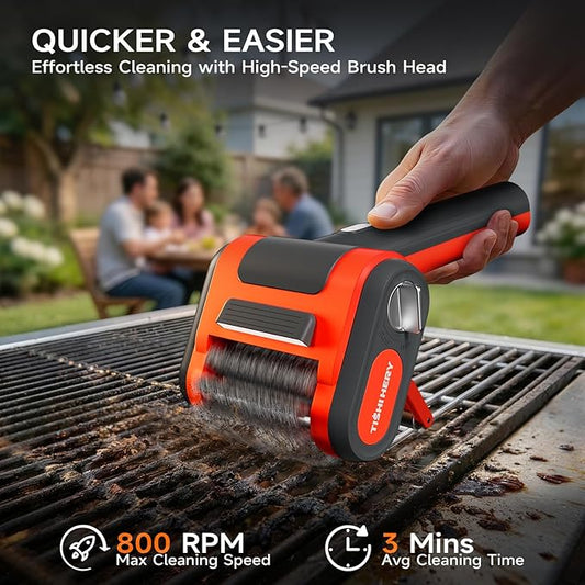 Electric Grill Brush for Outdoor Grill, 800 RPM Brush Head, 3000mAh Battery, No Preheating Grill, 304 Stainless Steel Bristle, Rechargeable Cordless BBQ Grill Cleaner with LED Light, Orange