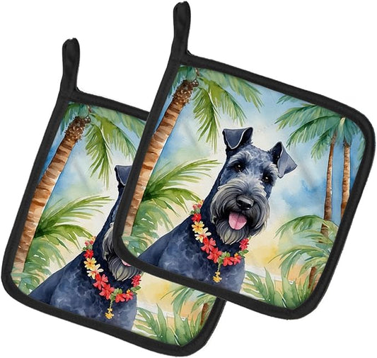 Caroline's Treasures Kerry Blue Terrier Luau Pair of Pot Holders Kitchen Heat Resistant Pot Holders Sets Oven Hot Pads for Cooking Baking BBQ, 7 1/2 x 7 1/2