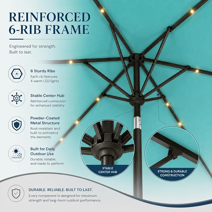 6.5 x 10ft Rectangular Patio Umbrella with Solar Lights, 16 LED Lighted Market Umbrella with Push-Button Tilt and Crank, 6 Sturdy Iron Ribs for Garden, Deck, Pool, Turquoise Blue