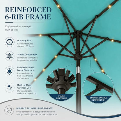 6.5 x 10ft Rectangular Patio Umbrella with Solar Lights, 16 LED Lighted Market Umbrella with Push-Button Tilt and Crank, 6 Sturdy Iron Ribs for Garden, Deck, Pool, Turquoise Blue