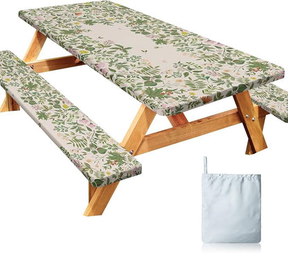Picnic Table Cover with Bench Covers Windproof Waterproof Picnic Table Covers Camping Tablecloth with Self-Storage Bag, 72in, Botanical Green
