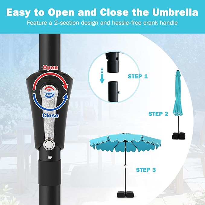 Tangkula 9 FT Patio Umbrella with Base Included, 2-Tiers Outdoor Scalloped Table Umbrella with 2 Sandbags, Tilt Adjustment, Crank, 8 Ribs for Market Backyard Pool Deck Beach Lawn