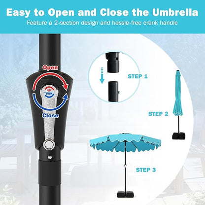 Tangkula 9 FT Patio Umbrella with Base Included, 2-Tiers Outdoor Scalloped Table Umbrella with 2 Sandbags, Tilt Adjustment, Crank, 8 Ribs for Market Backyard Pool Deck Beach Lawn