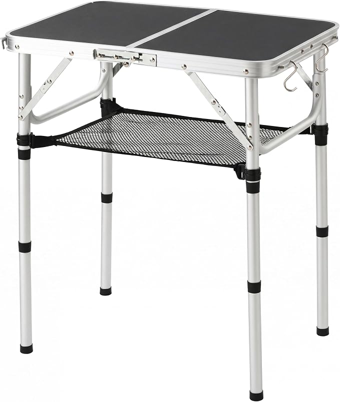 Folding Table Small, 24''L x16''W Camp Aluminum Table with Adjustable Height Legs, Indoor Outdoor Lightweight Portable Folding Aluminum Dining Table for Picnic Camping 2-Feet Black（10"/19"/27）