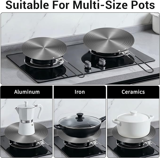 2-Pack Heat Diffuser for Gas Stove with Foldable Handle, 9.5" & 11" Gas Stove Diffuser Plate for Even Heating, Aluminum Simmer Plate for Electric Stoves, Defrosting Tray, Flame Guard