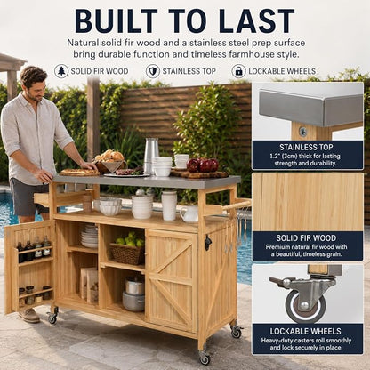 Outdoor Kitchen Island, 50.25" Rolling Grill Table with Storage Cabinet, 201 Stainless Steel Top Outdoor Bar Cart, Solid Fir Wood BBQ Prep Station with Adjustable Shelves, Spice Rack (Natural)
