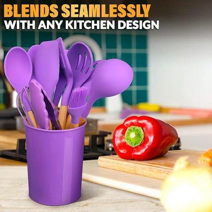 12 Pcs Purple Kitchen Accessories with Holder for Nonstick Cookware | Silicone Cooking Utensils Set for BBQ; Heat-Resistant Tools with Wooden Handles for Baking, Serving, Frying, and Mixing