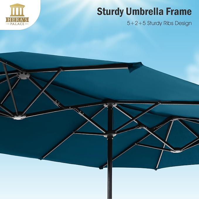13 ft Large Double-Sided Patio Umbrella, Outdoor Umbrella, Cerulean | HERA'S PALACE Rectangular Umbrella, Market Umbrella with Crank Handle, Powerful UV Protective for Beach Pool Garden Backyard