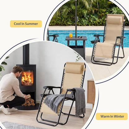 Sweetcrispy Zero Gravity Chairs, Set of 2 Portable Recliner Beach Camping Patio Outdoor Folding Lounge Chair with Cup Holder Trays and Adjustable Pillow for Poolside, Garden, Backyard, Lawn, Khaki