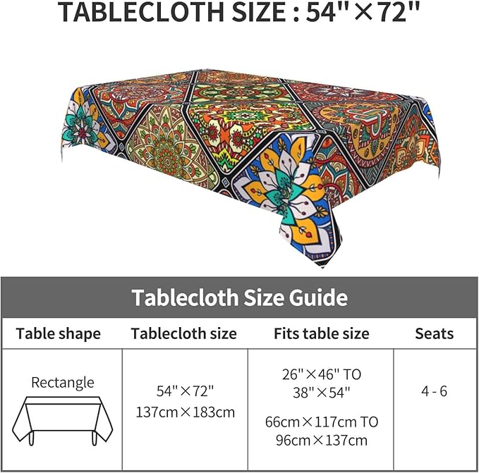 Mandala Colorful Tablecloth, Waterproof Retro Table Cloth for Kitchen Dining Picnic Parties Wedding Home Decor Outdoor Indoor Rectangle 54x72 Inch Boho Table Cover
