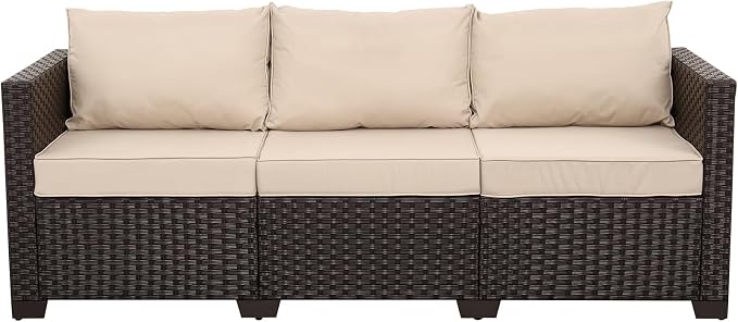 WAROOM Patio Couch PE Rattan 3-Seat Outdoor Sofa Brown Wicker Furniture Set Deep Seating with Anti-Slip Beige Cushion