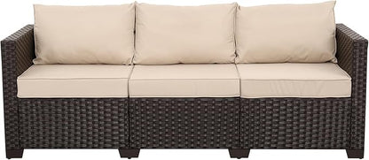 WAROOM Patio Couch PE Rattan 3-Seat Outdoor Sofa Brown Wicker Furniture Set Deep Seating with Anti-Slip Beige Cushion