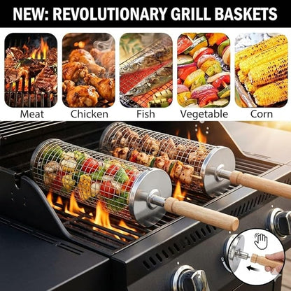 Rolling Grill Basket; 2 PCS; Stainless Steel; Nesting BBQ Tools; Grill Basket for Vegetables, Shrimp, Fish & Meat – Rotating BBQ for Outdoor Cooking and Grilling Accessories