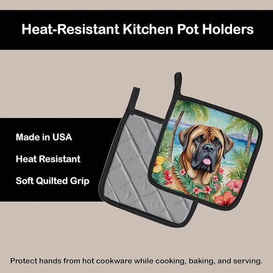 Caroline's Treasures Mastiff Luau Pair of Pot Holders Kitchen Heat Resistant Pot Holders Sets Oven Hot Pads for Cooking Baking BBQ, 7 1/2 x 7 1/2
