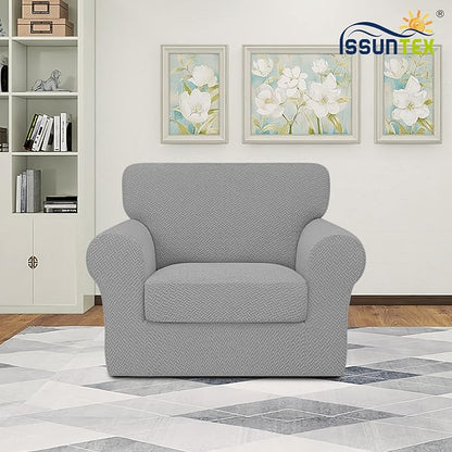 ISSUNTEX 2 Pieces High Stretch Thicken Chair Couch Covers, Soft Sofa Slipcover for 1 Separate Cushion Couch, Jacquard Fabric Elastic Sofa Cover Furniture Protector for Dogs (Chair, Light Gray)