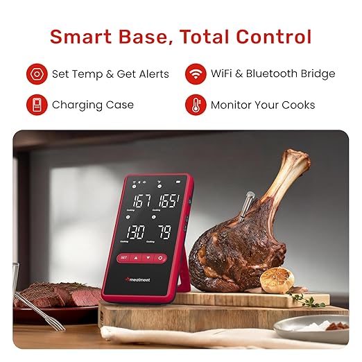 Wireless Bluetooth Meat Thermometer Digital, Standalone Base, WiFi Unlimited Range, AI guided cooking, 6 Sensors with ± 0.18°F Accuracy, 4 Probes for Kitchen, BBQ, Grill, Oven, Smoker (Z Pro)